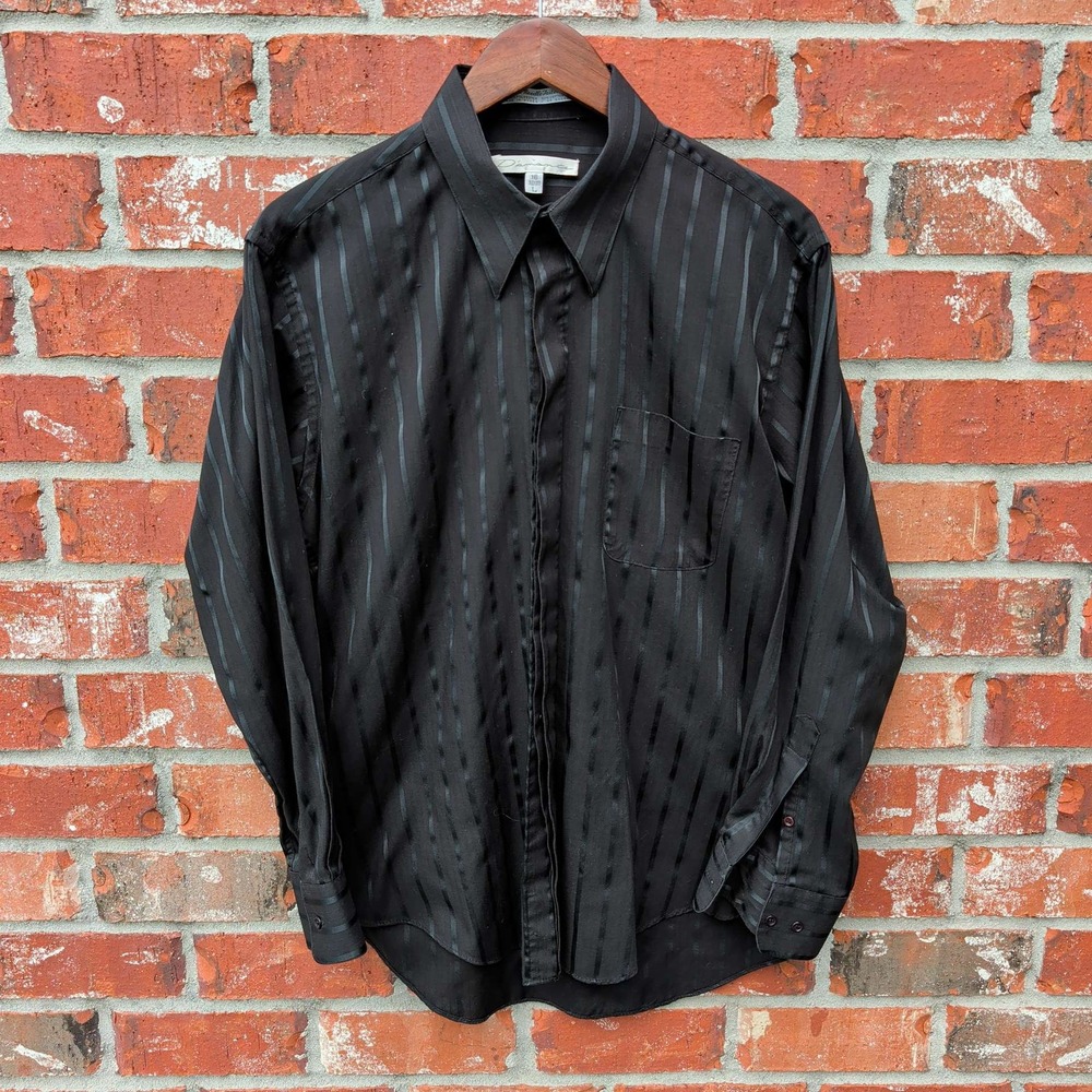 Diamante Button Down Shirt Mens Large Black Striped Long Sleeve Vintage Korea